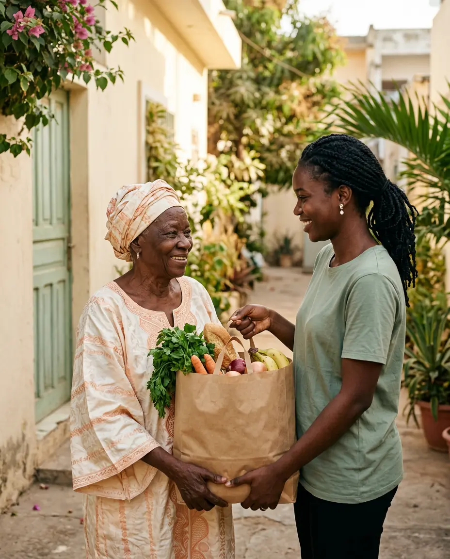 A local helper delivering groceries to an older woman outside her home in Senegal